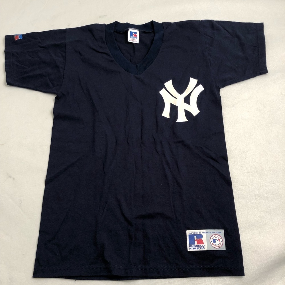 Russell Athletics New York Yankees navy blue baseball logo v-neck t-shirt